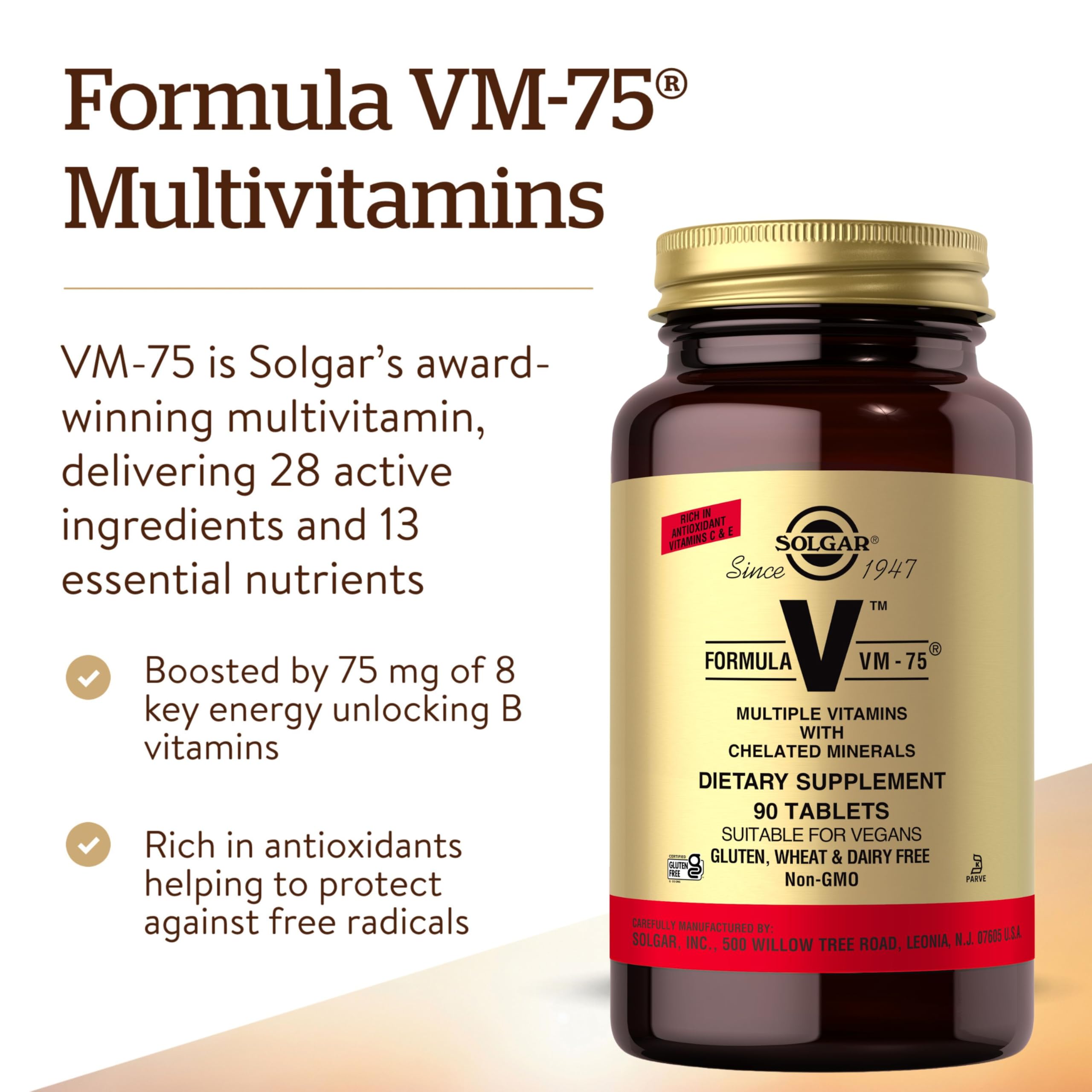 Solgar VM-75 bottle side label with vegan and allergen notes.