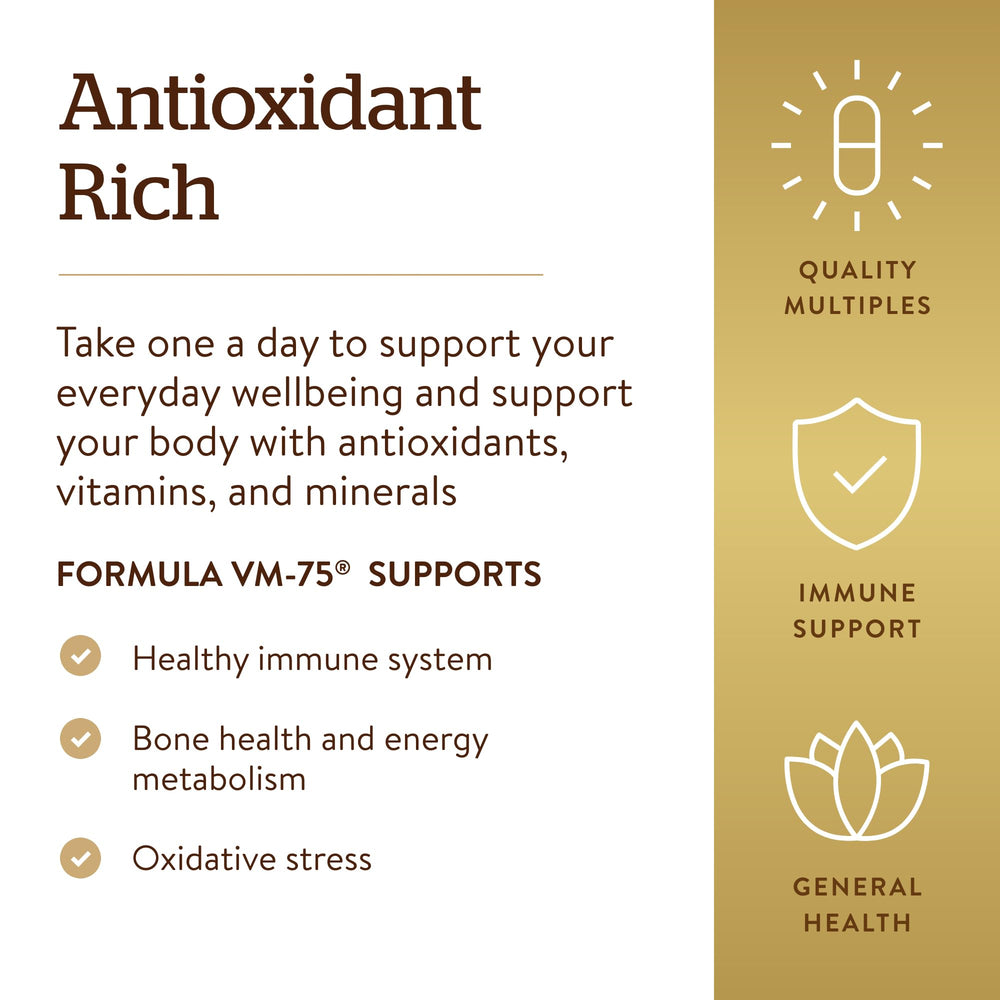 Solgar VM-75 ingredients panel lists vitamins and minerals.