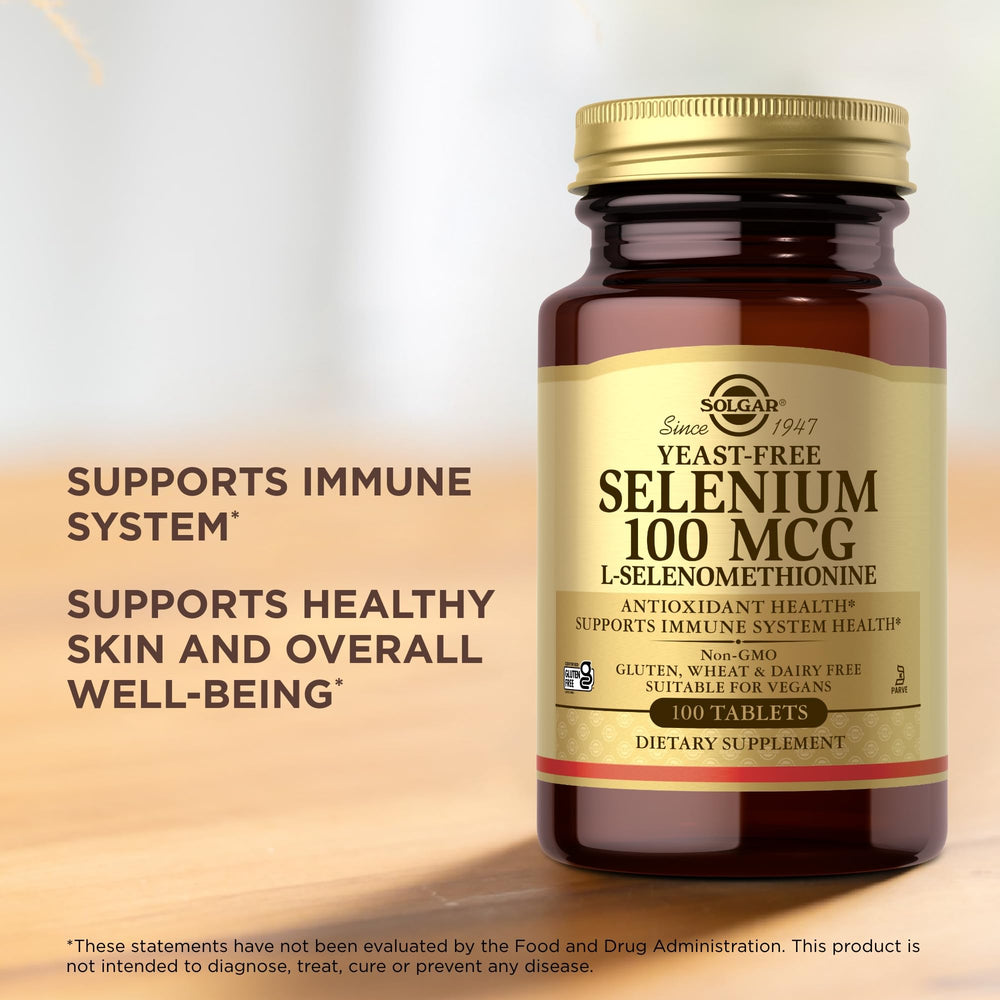 Solgar Yeast-Free Selenium gluten-free and dairy-free icons on packaging.