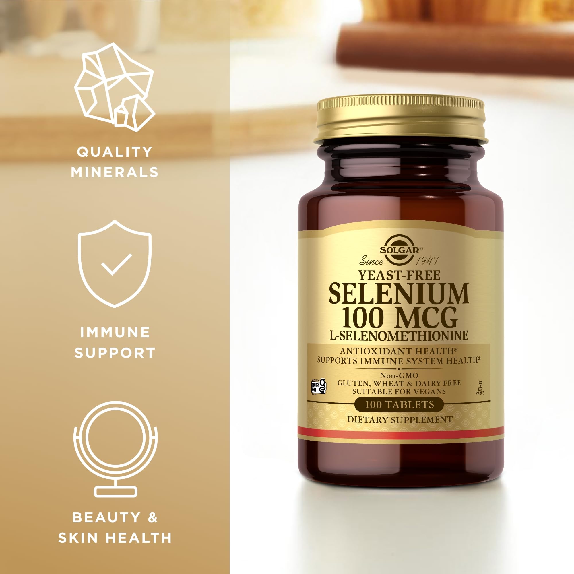 Solgar Yeast-Free Selenium non-GMO badge emphasizing purity.