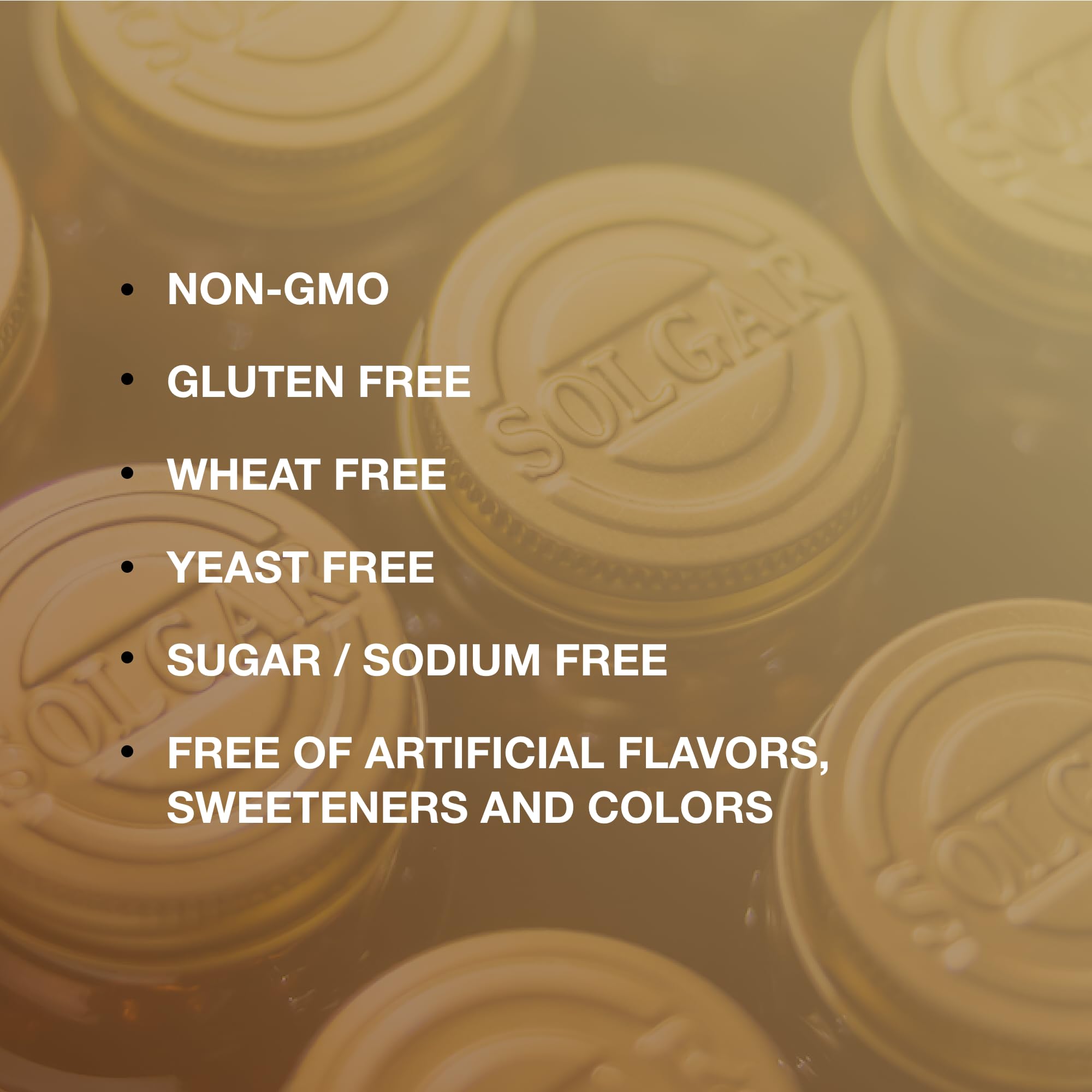 Solgar non-GMO gluten-free dairy-free seal on packaging.