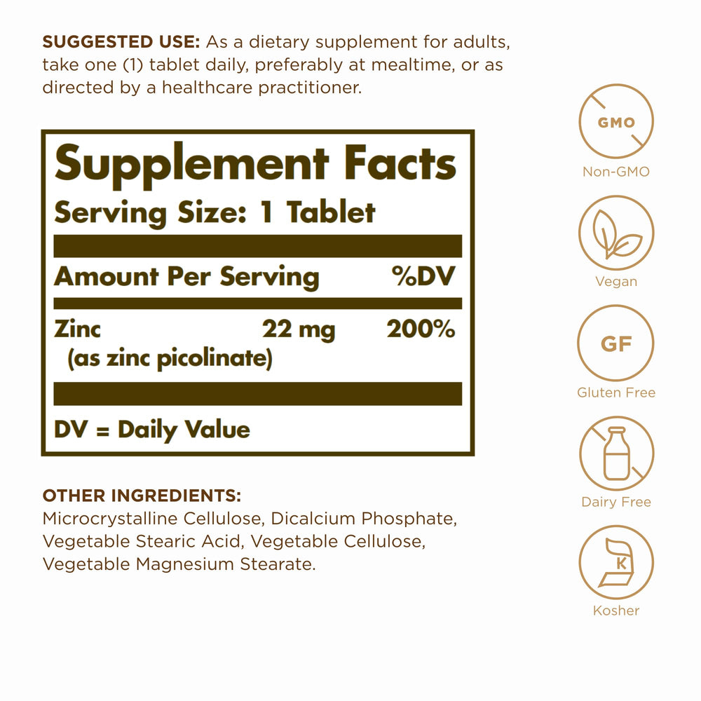 Solgar Zinc Picolinate 100-tablet bottle ready for routine supplementation