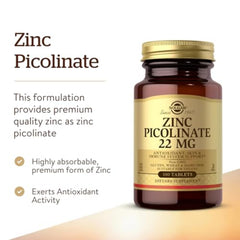 Solgar Zinc Picolinate 22 mg tablets close-up showing compact form.