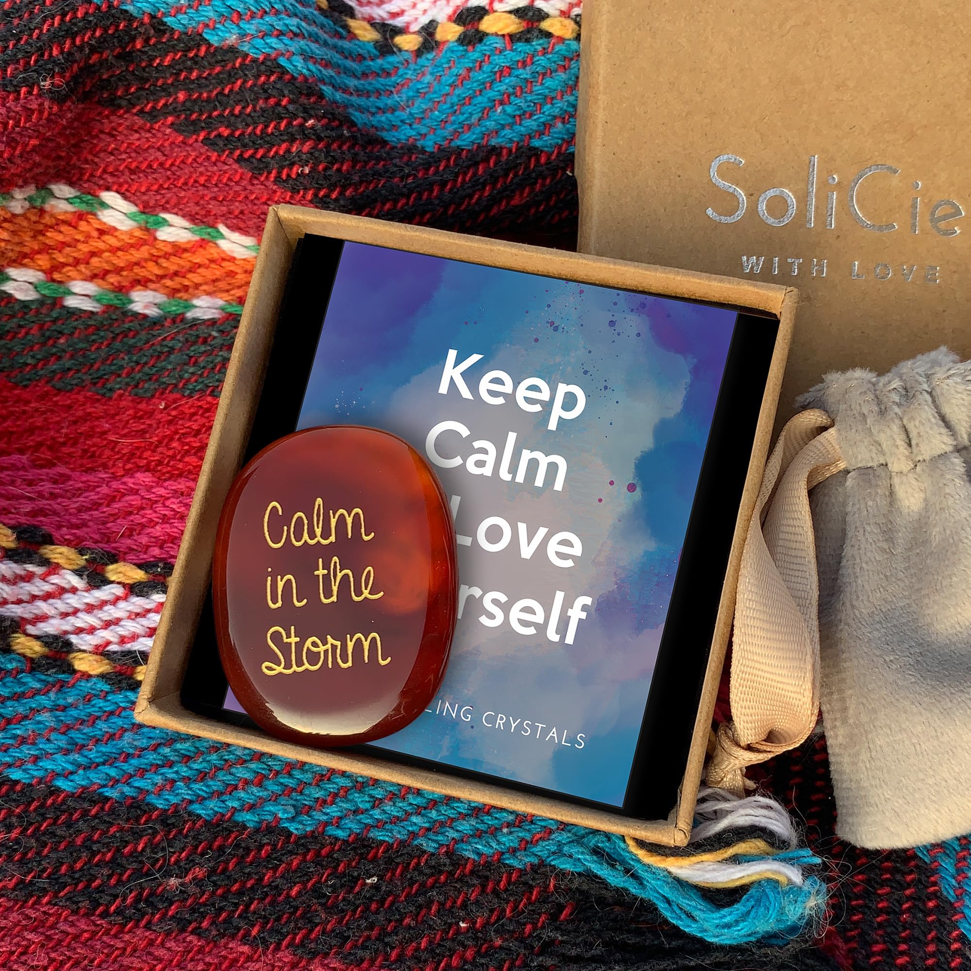 SOLICIEL Agate with Keep Calm and Love Yourself card shown as a thoughtful gift