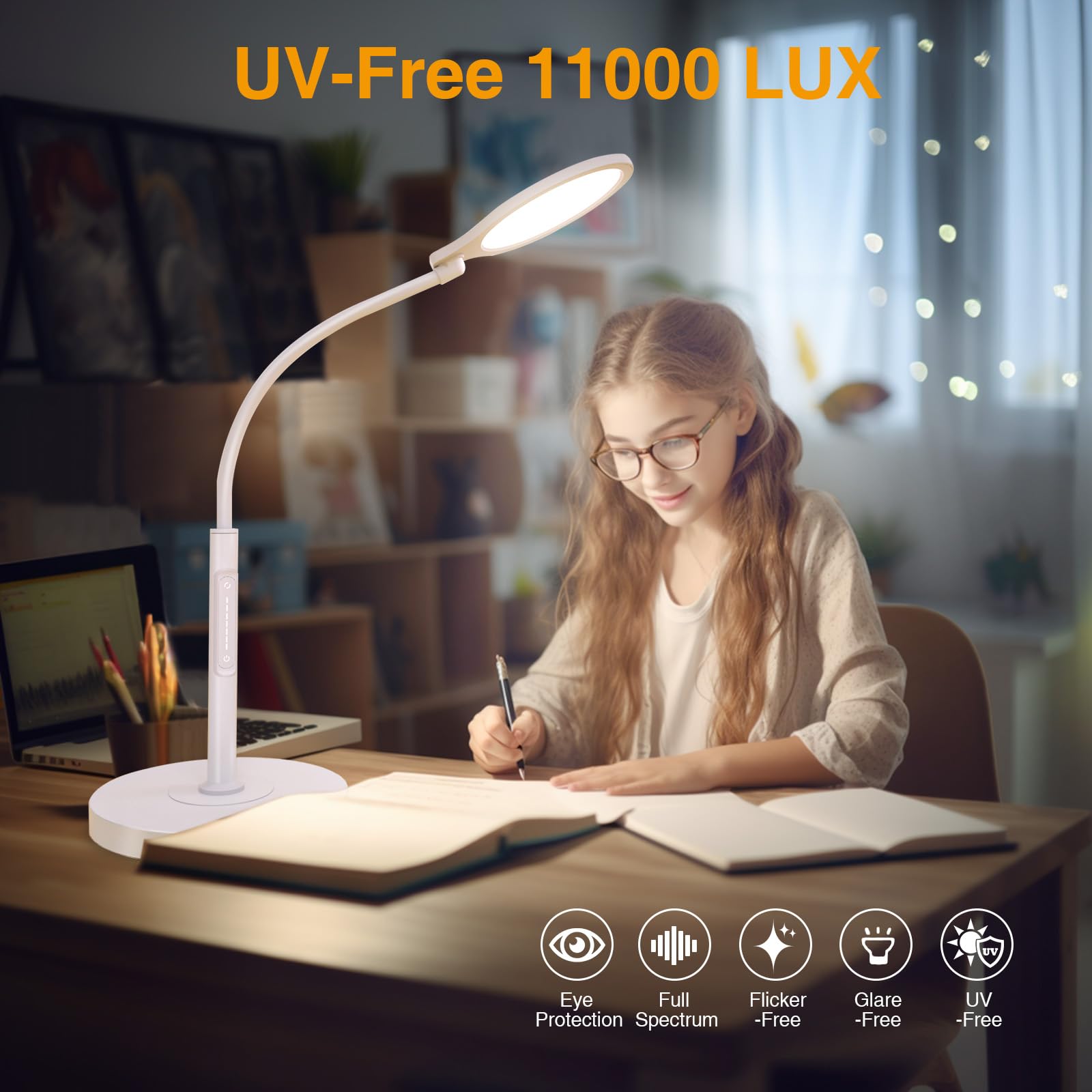 Height is adjustable from 33 to 65 inches for floor or desk use.