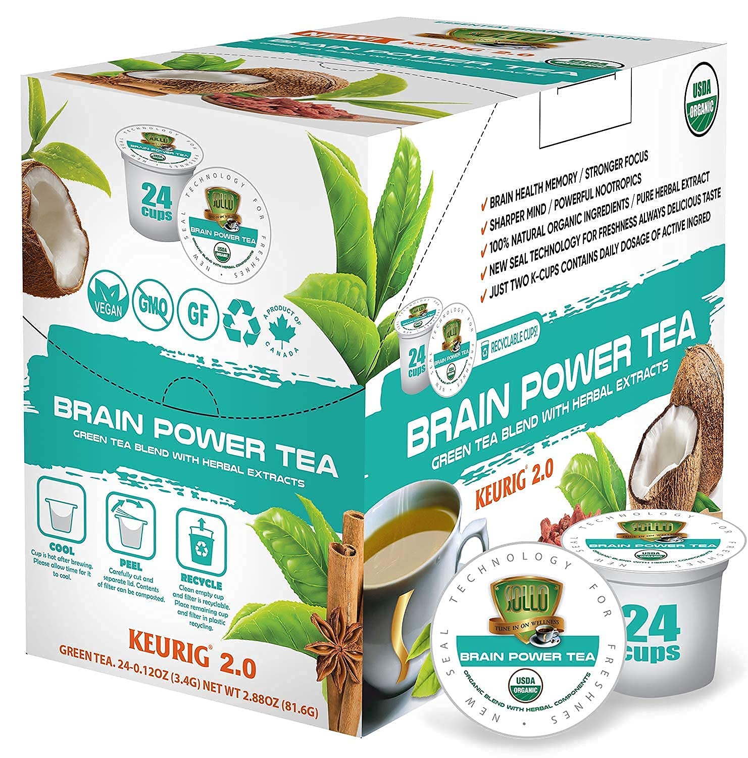 Sollo Brain Power packaging with eco-friendly pods for daily focus support