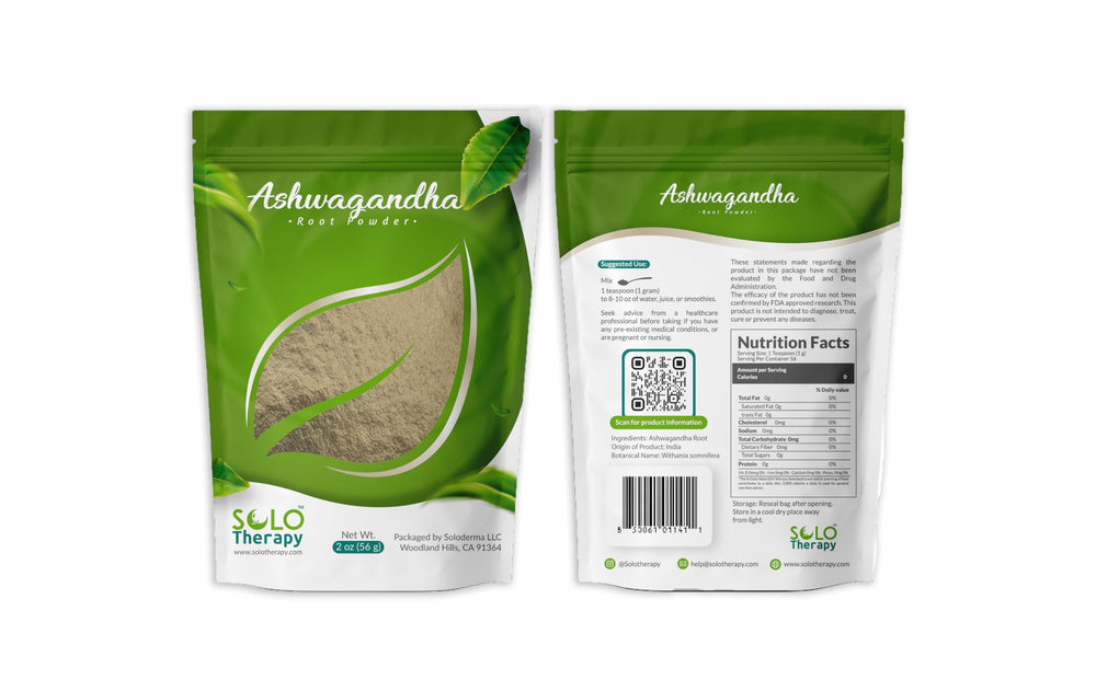 Solo Therapy Ashwagandha powder resealable bag with Withania somnifera for daily use