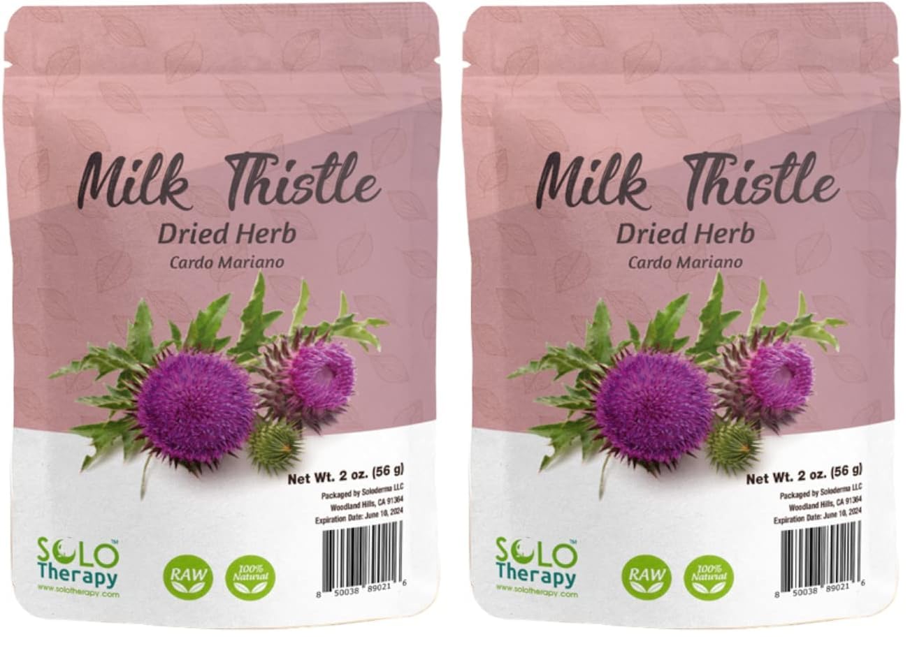 Solo Therapy milk thistle herb front-pack with two resealable bags.