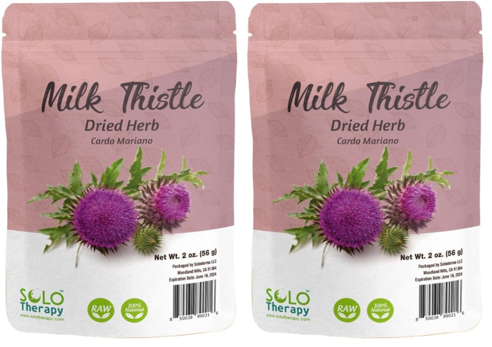 Solo Therapy milk thistle herb front-pack with two resealable bags.