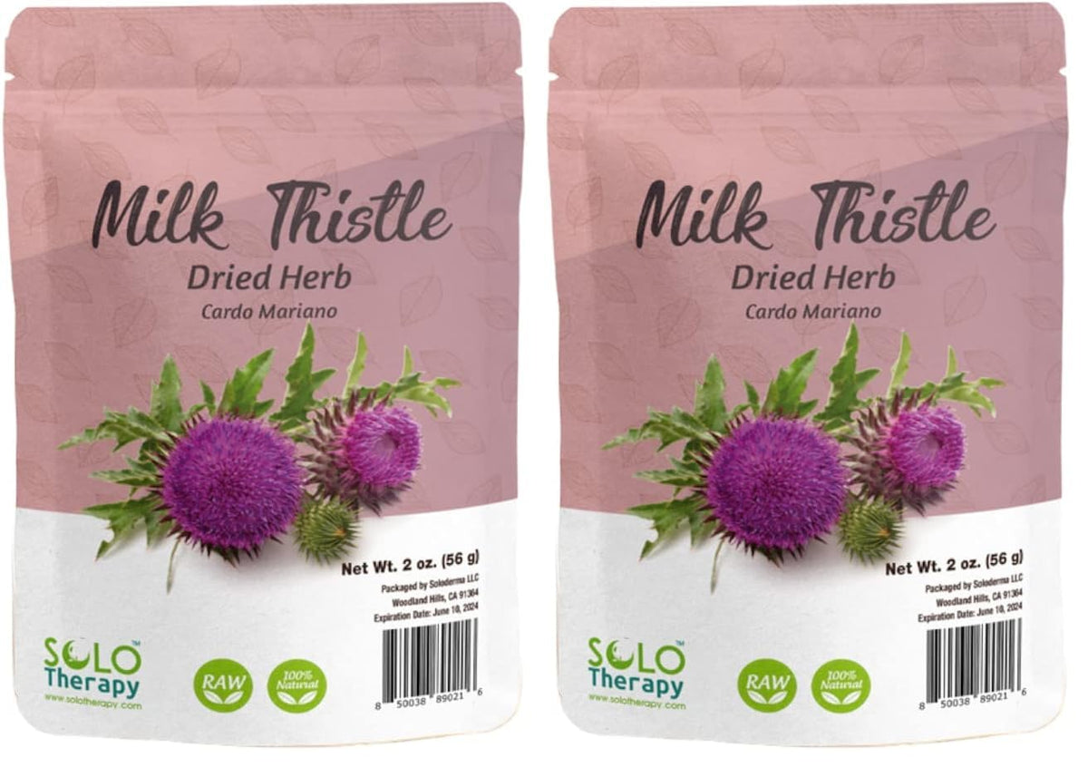 Solo Therapy milk thistle herb front-pack with two resealable bags.
