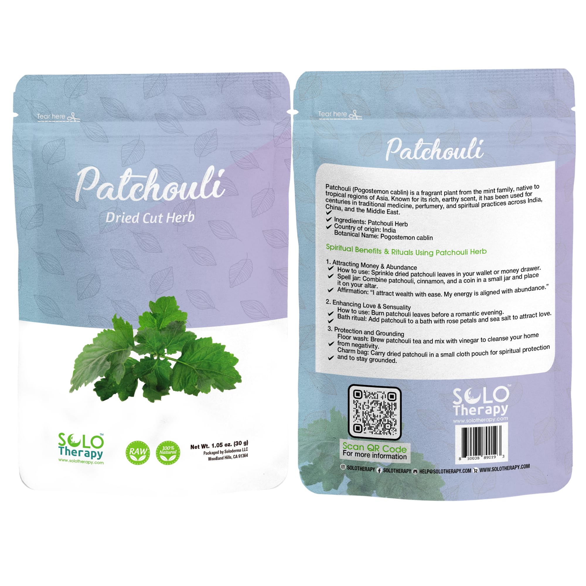 Solo Therapy Patchouli 30g bag; earthy scent for grounding rituals