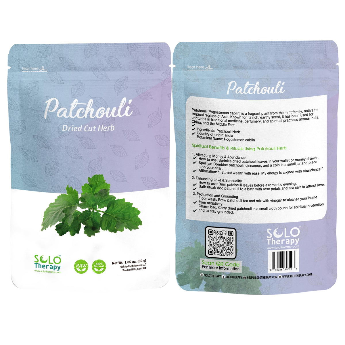 Solo Therapy Patchouli 30g bag; earthy scent for grounding rituals