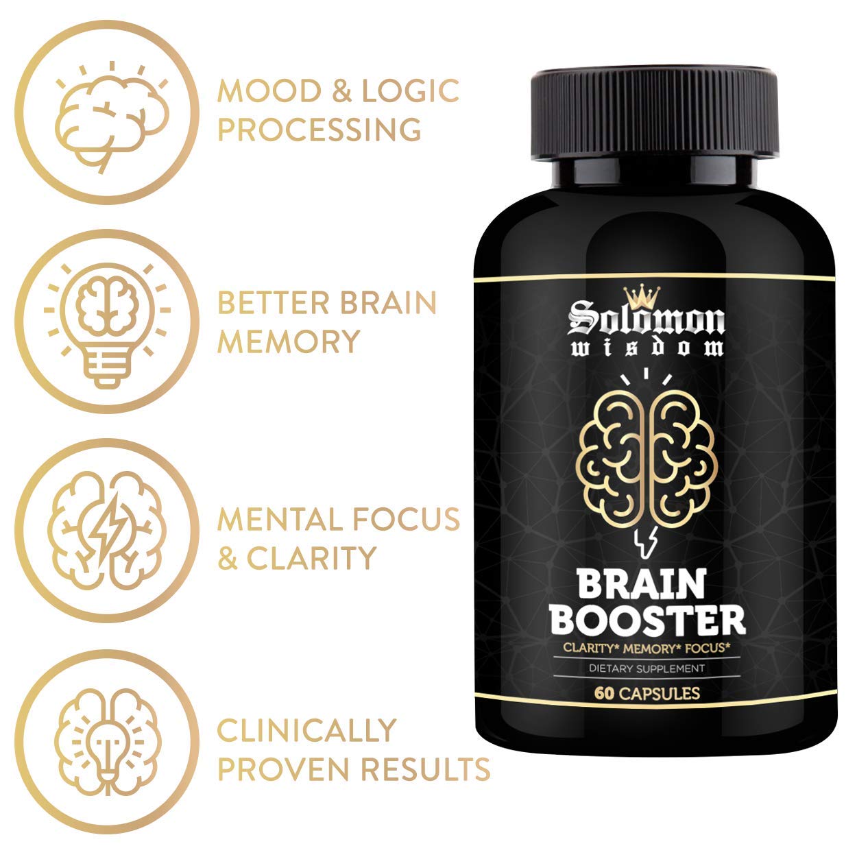 Solomon Wisdom Brain Booster capsules close-up for memory support