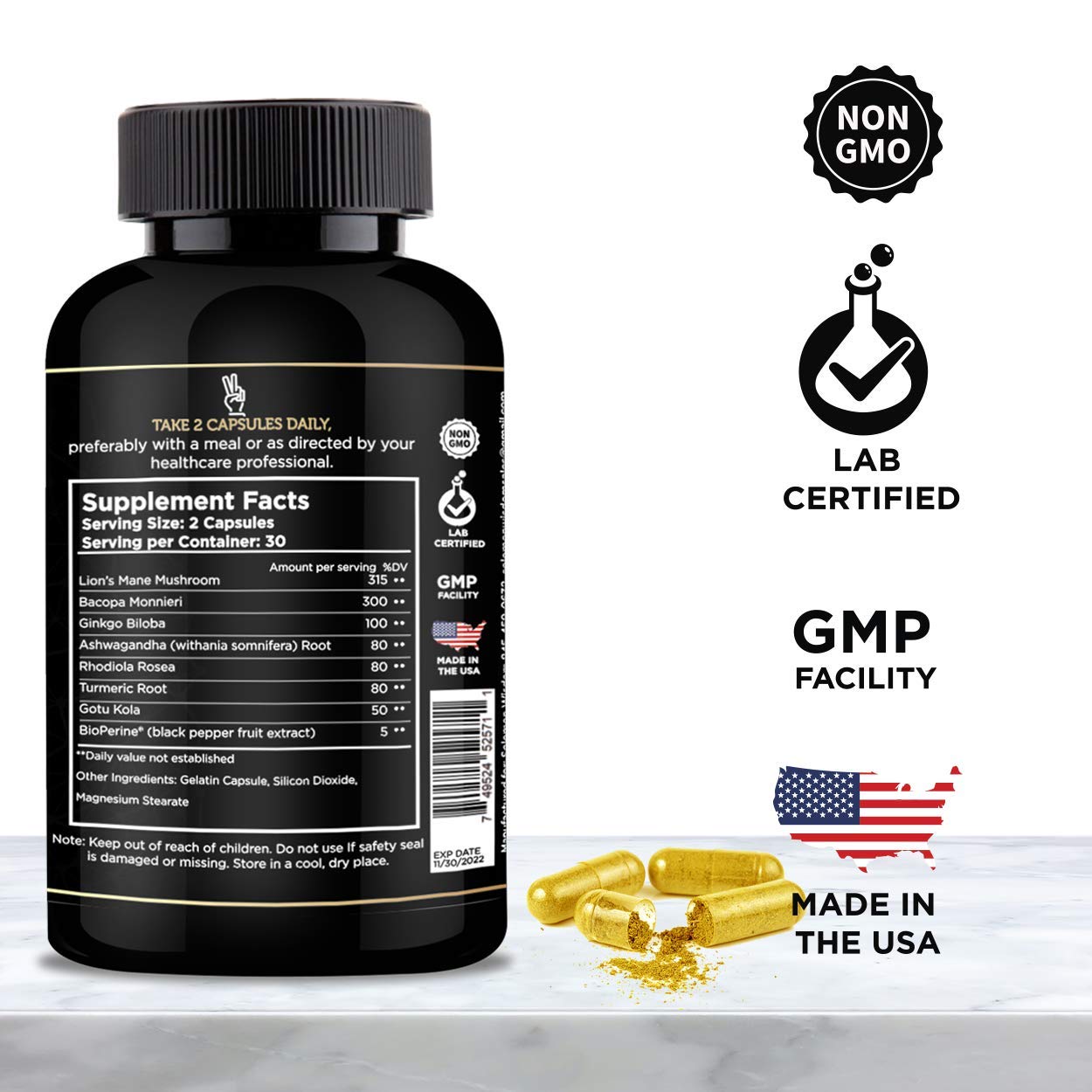 Solomon Wisdom Brain Booster label highlighting seven herbal ingredients