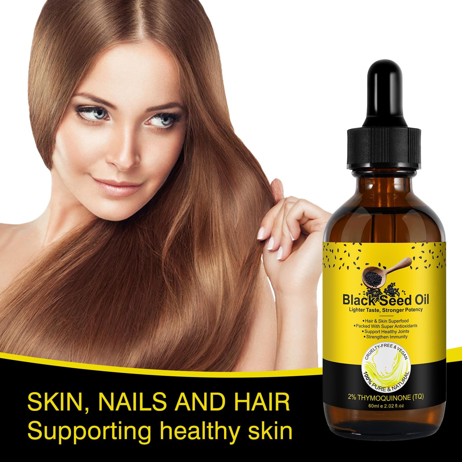 SOLOTREE Black Seed Oil amber bottle highlights premium cold-press formula.