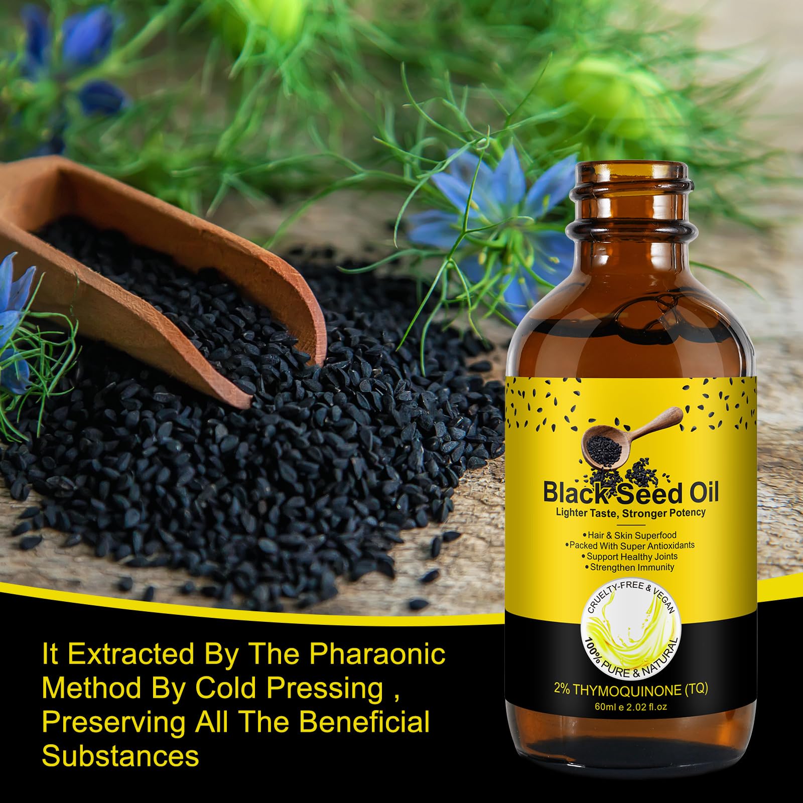SOLOTREE Black Seed Oil label closeup showing organic origin and nutrients.