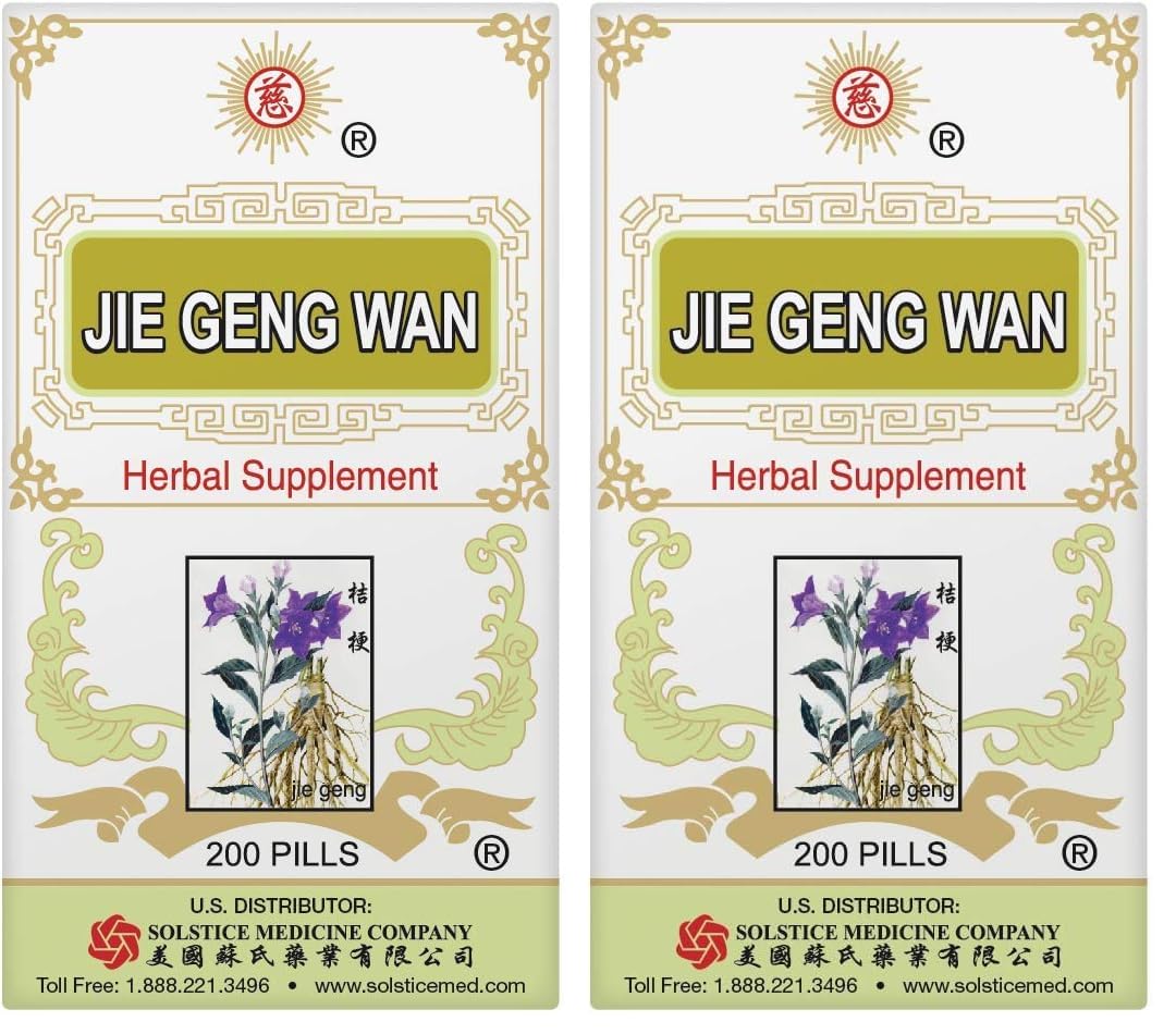 Solstice Jie Geng Wan bottle, traditional herbal supplement for daily wellness.