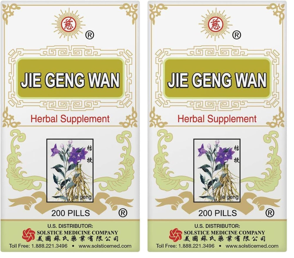 Solstice Jie Geng Wan bottle, traditional herbal supplement for daily wellness.