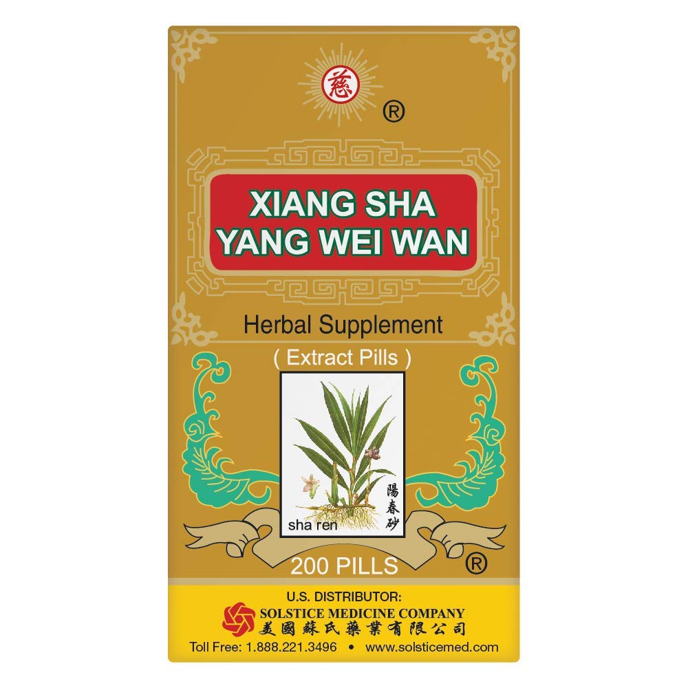 Solstice Xiang Sha Yang Wei Wan bottle front showing traditional herbal packaging for digestion support.