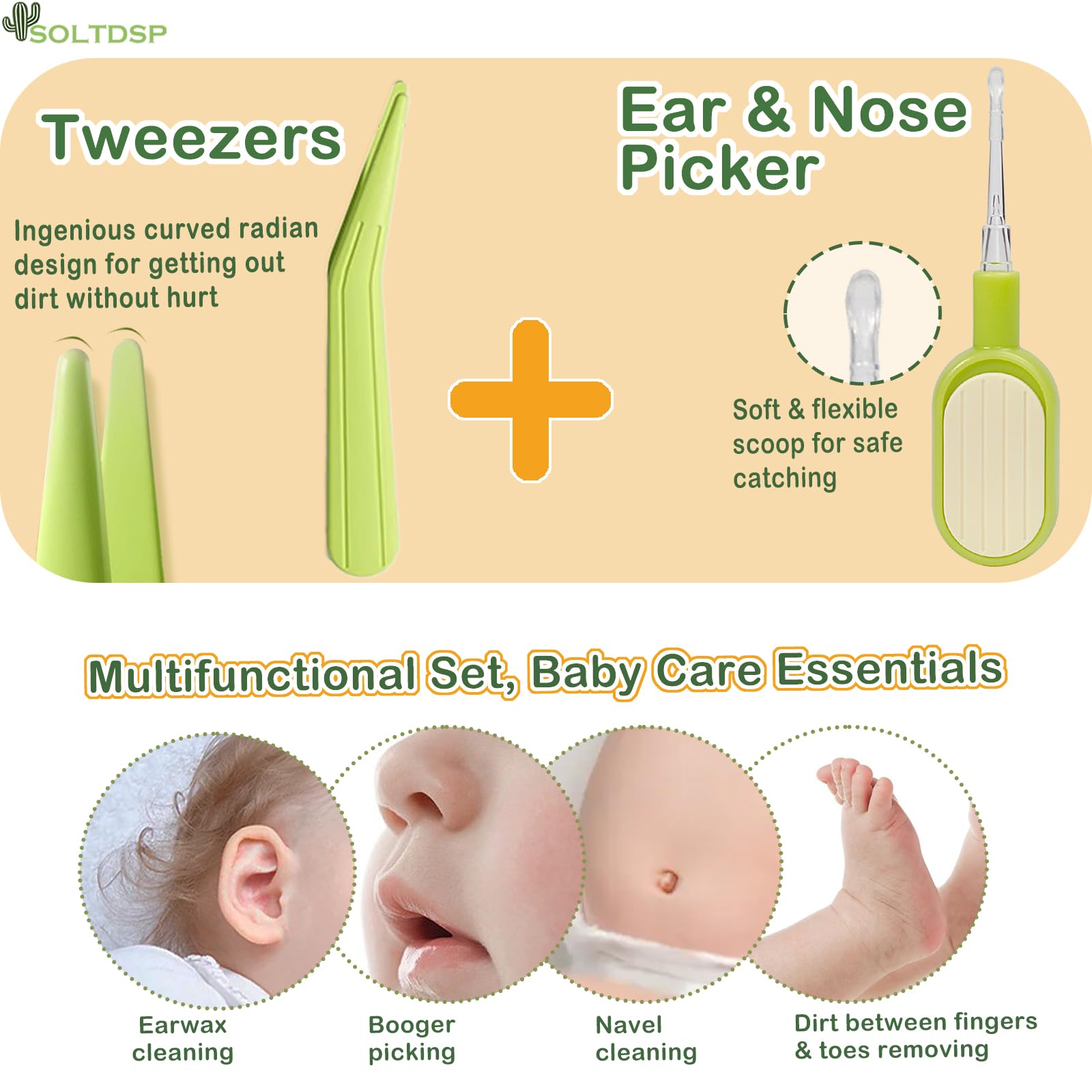 Soltdsp tweezers green designed for safe newborn grooming.