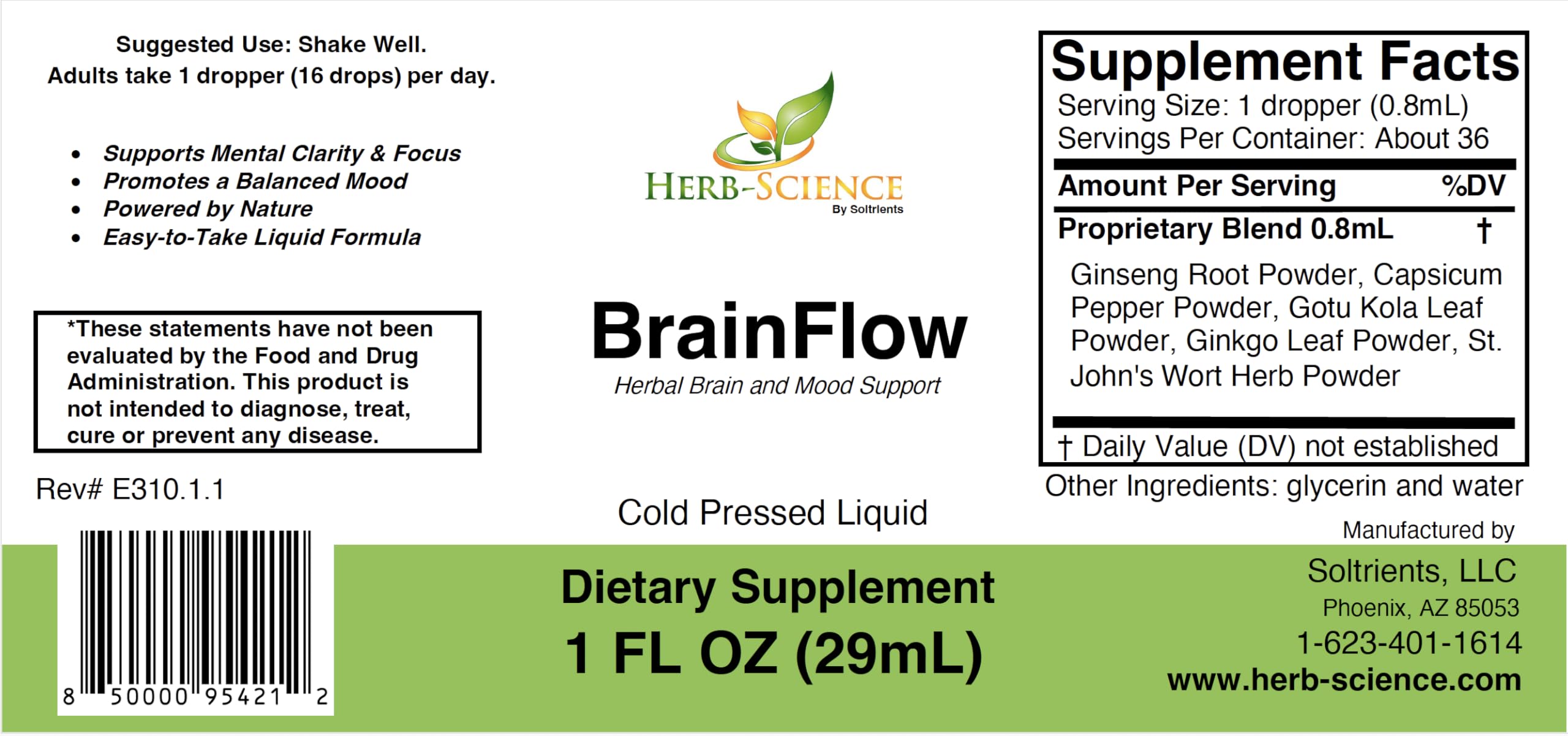Soltrients BrainFlow label closeup highlighting herbal focus and mood ingredients.