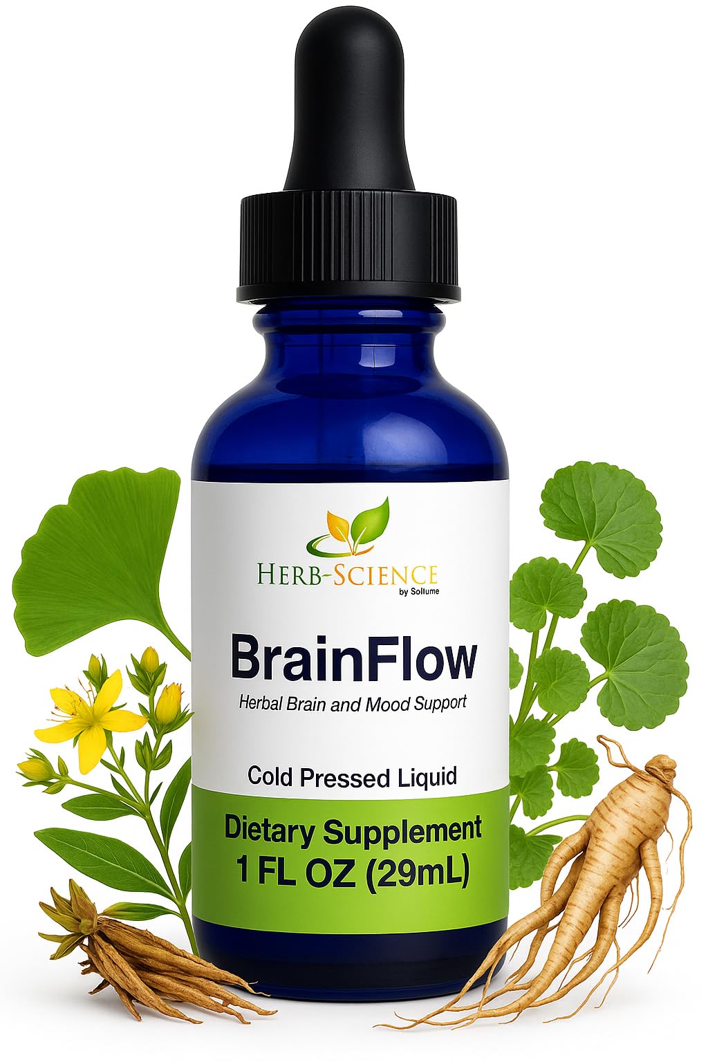 Soltrients BrainFlow liquid drops offering fast-absorbing brain support.