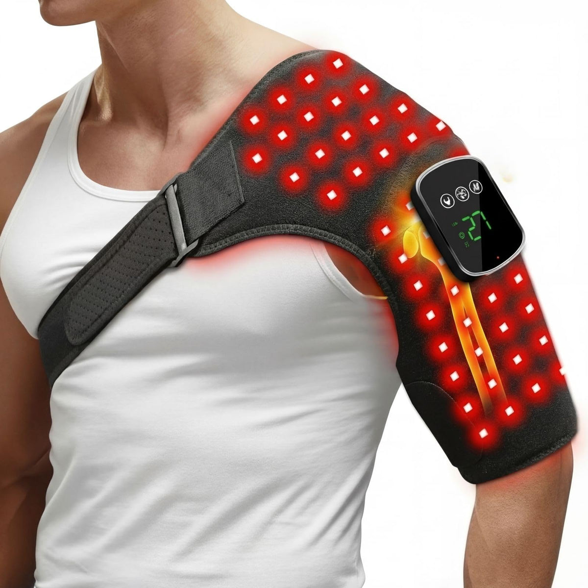 Solun red light therapy belt on shoulder delivering targeted muscle relaxation