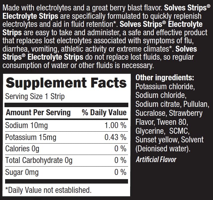 Solves Strips dissolves on tongue to demonstrate quick, water-free hydration on the go.