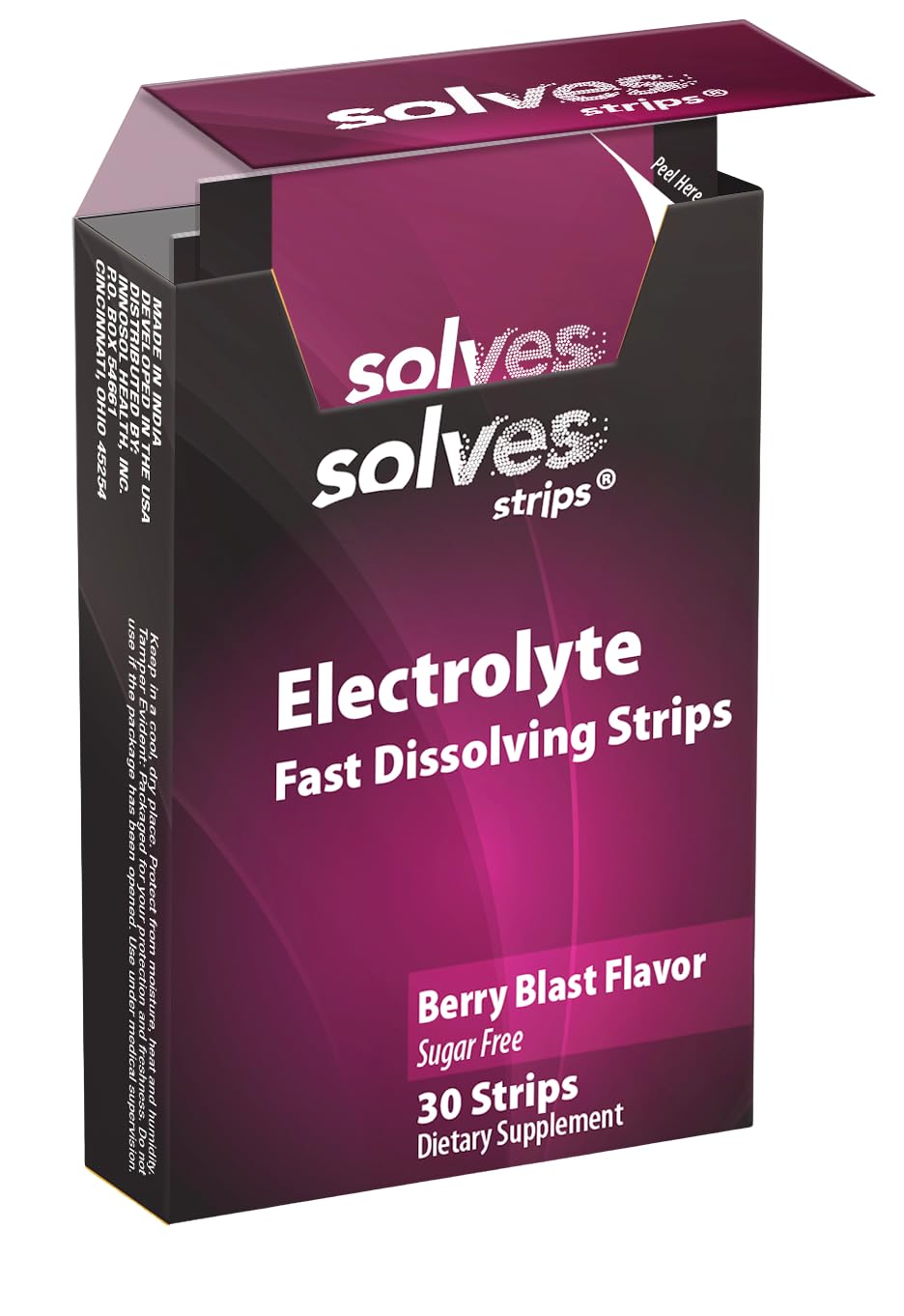 Solves Strips electrolyte strip Berry Blast dissolves on the tongue for fast hydration.
