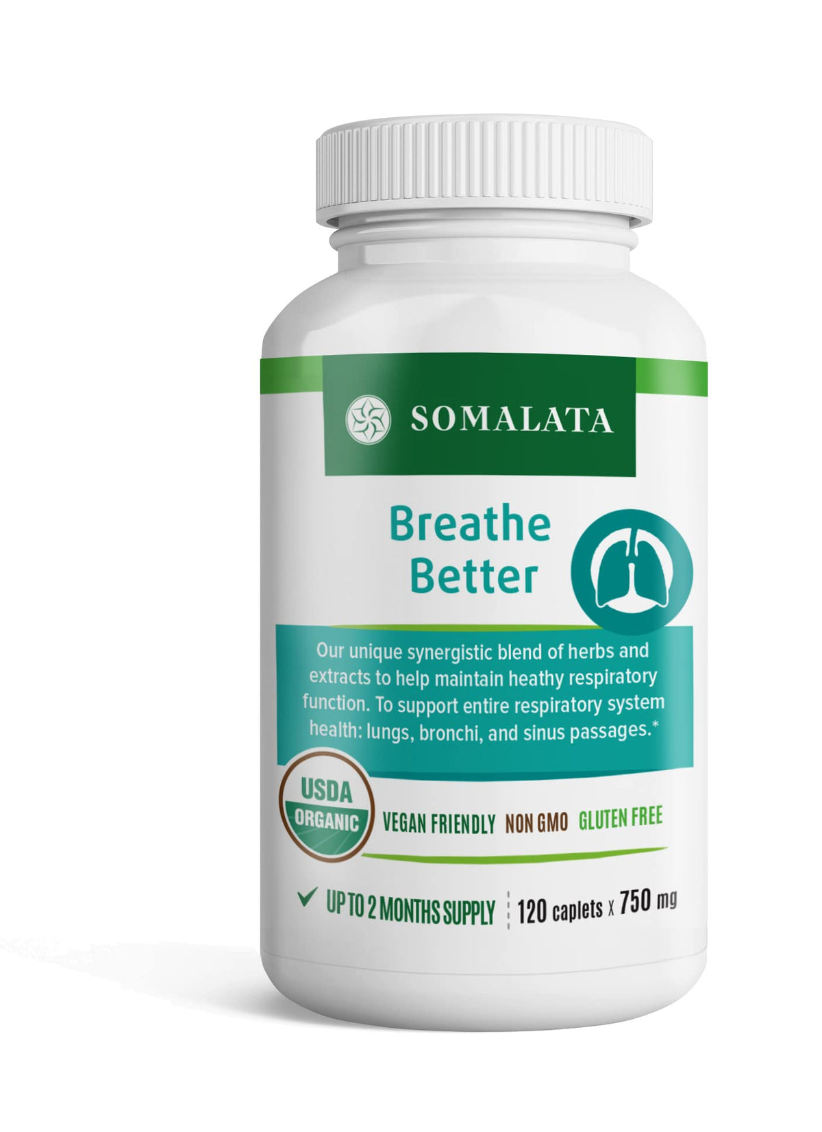 Somalata Breathe Better bottle front showing the organic formula for daily respiratory support.