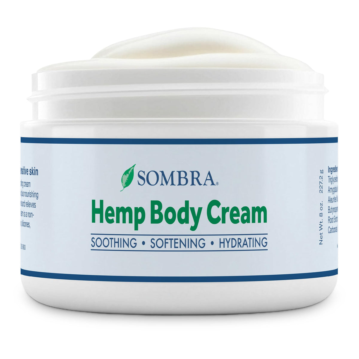 Sombra Hemp Body Cream label close-up showing brand and ingredients hints for informed choice.