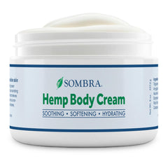 Sombra Hemp Body Cream label close-up showing brand and ingredients hints for informed choice.