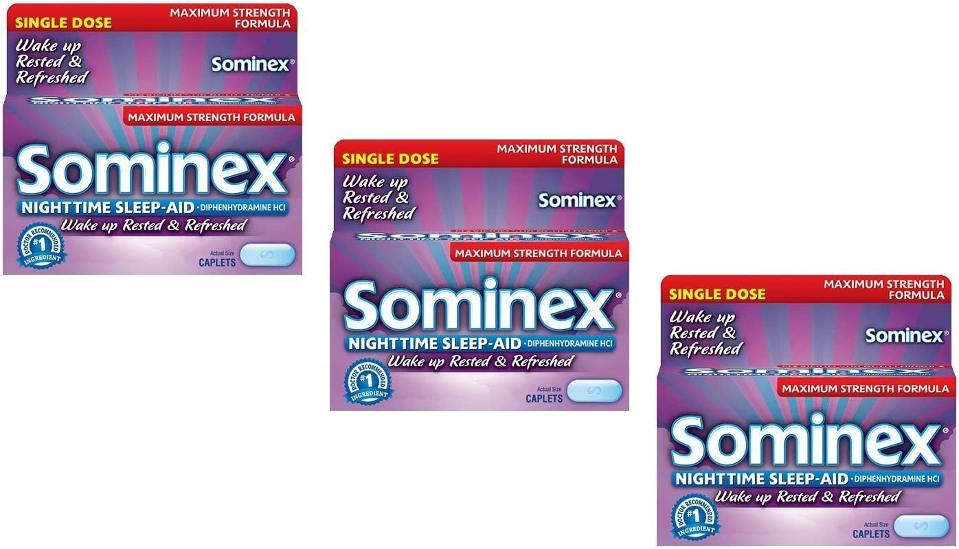 Sominex night-time sleep-aid caplets bottle showing use for occasional sleeplessness