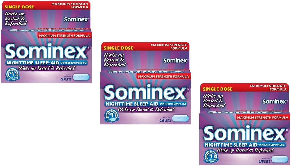 Sominex night-time sleep-aid caplets bottle showing use for occasional sleeplessness