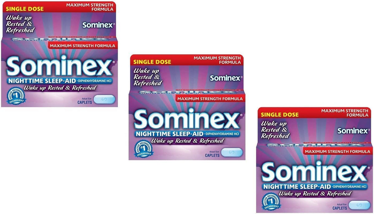 Sominex night-time sleep-aid caplets bottle showing use for occasional sleeplessness