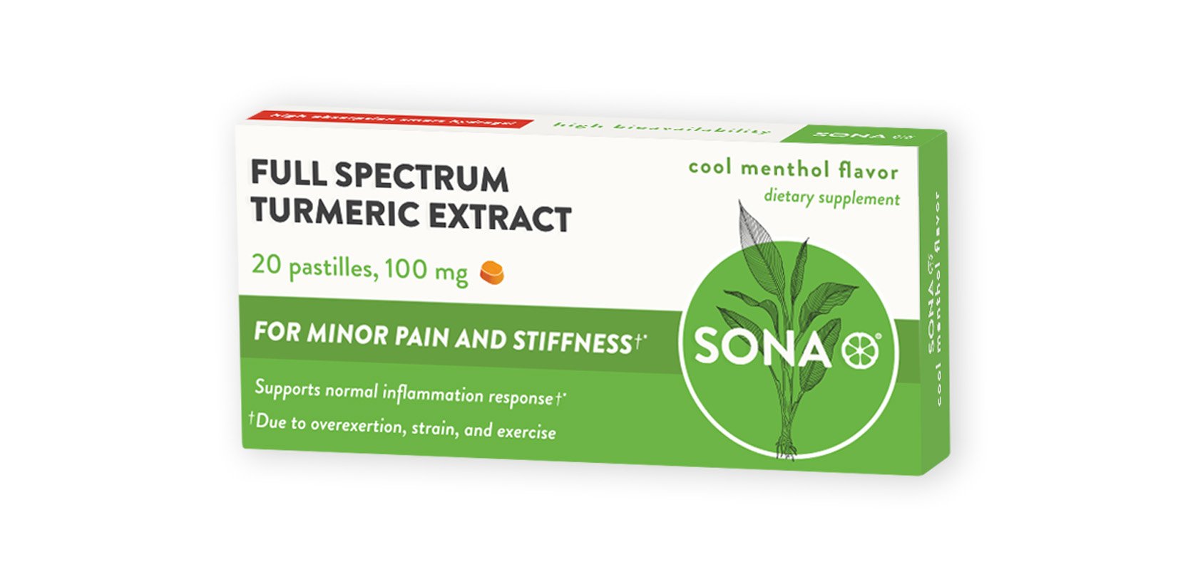 SONA Turmeric Pastilles bottle shown for easy daily use and convenient chew.