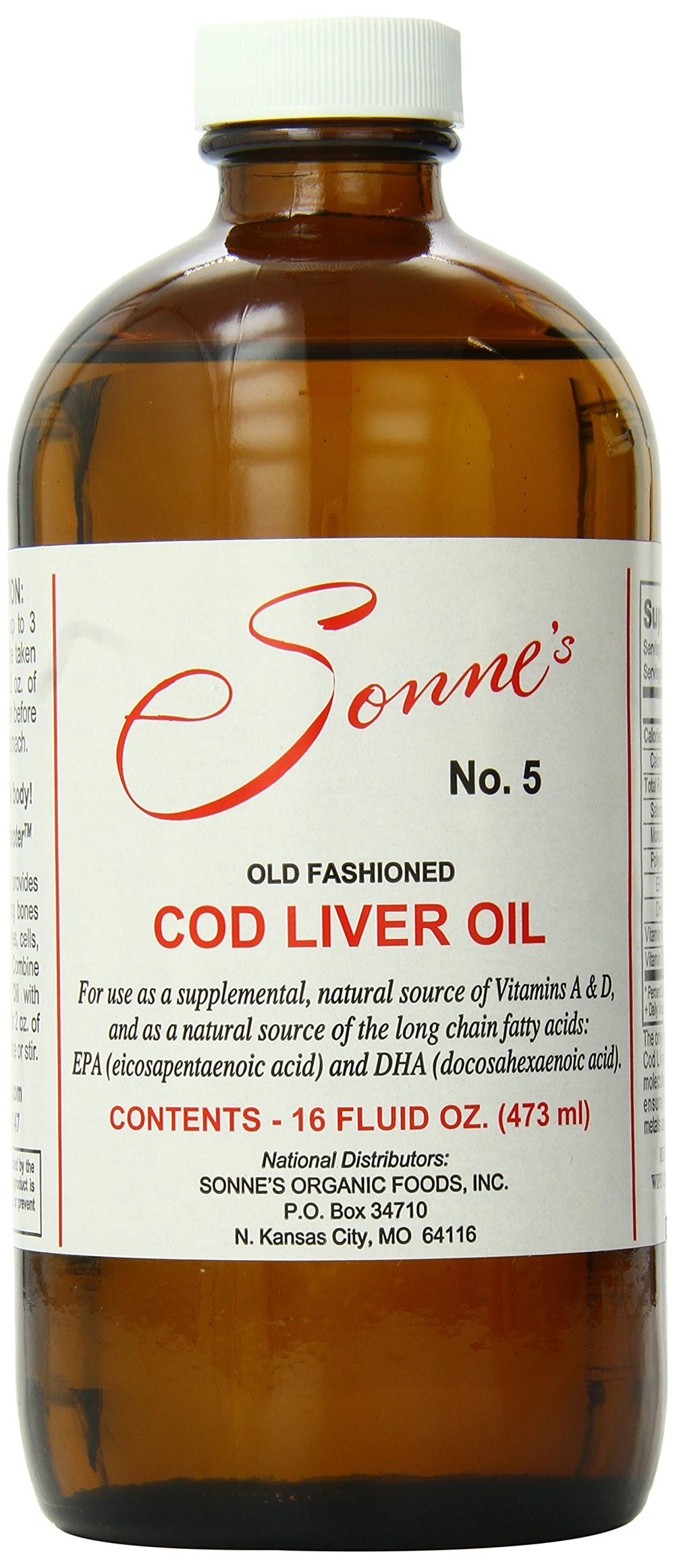 Sonne's Old Fashioned Cod Liver Oil No. 5 bottle closeup showing natural vitamins A and D