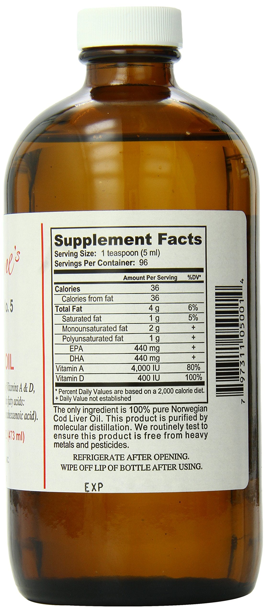 Label view of Sonne's Old Fashioned Cod Liver Oil No. 5 highlighting omega-3 content