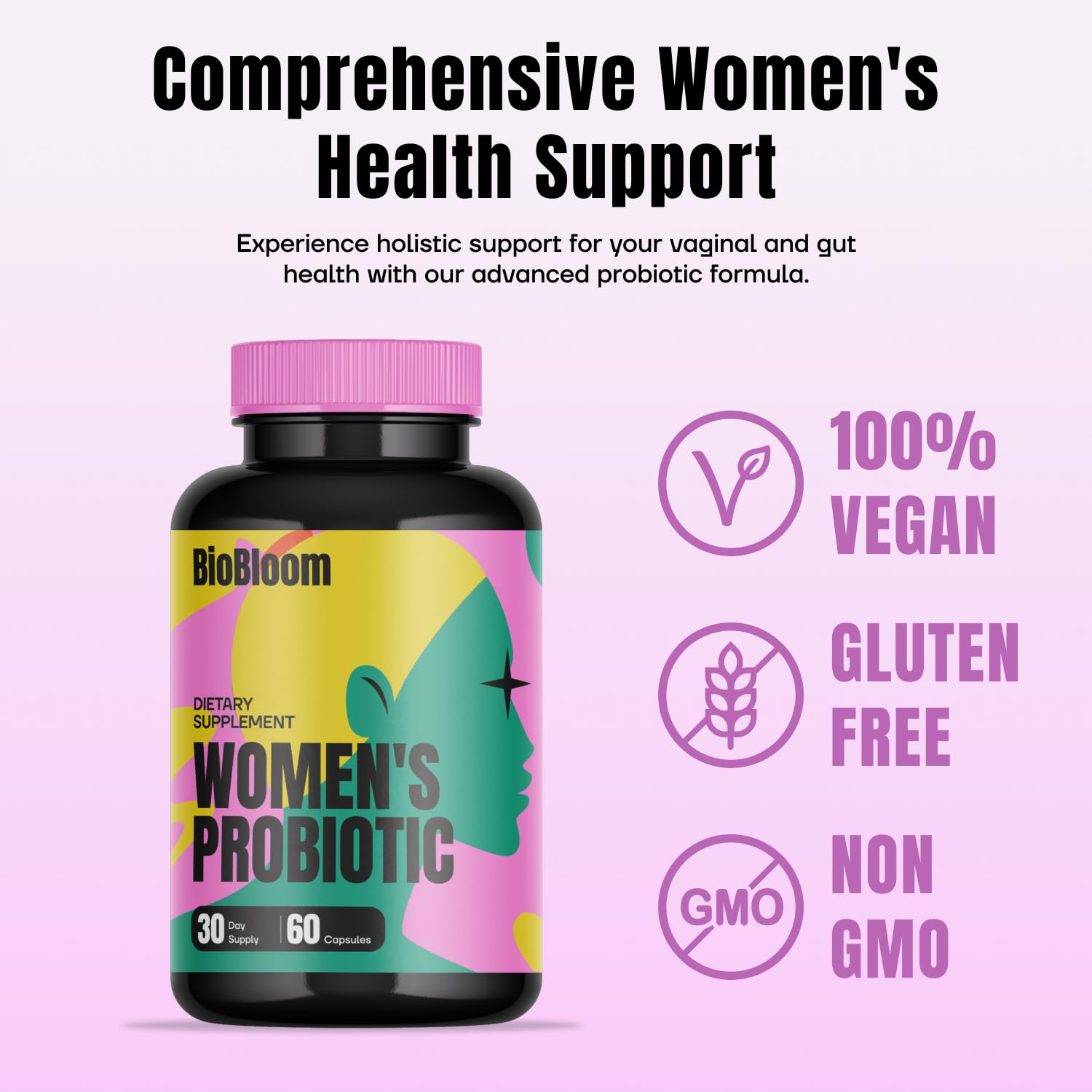 BioBloom ingredient list features prebiotics and Lactobacillus strains.
