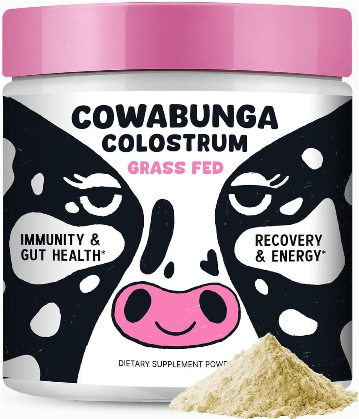 SonoHealth Cowabunga Colostrum powder with scoop for daily immune support.