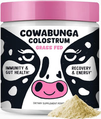 SonoHealth Cowabunga Colostrum powder with scoop for daily immune support.