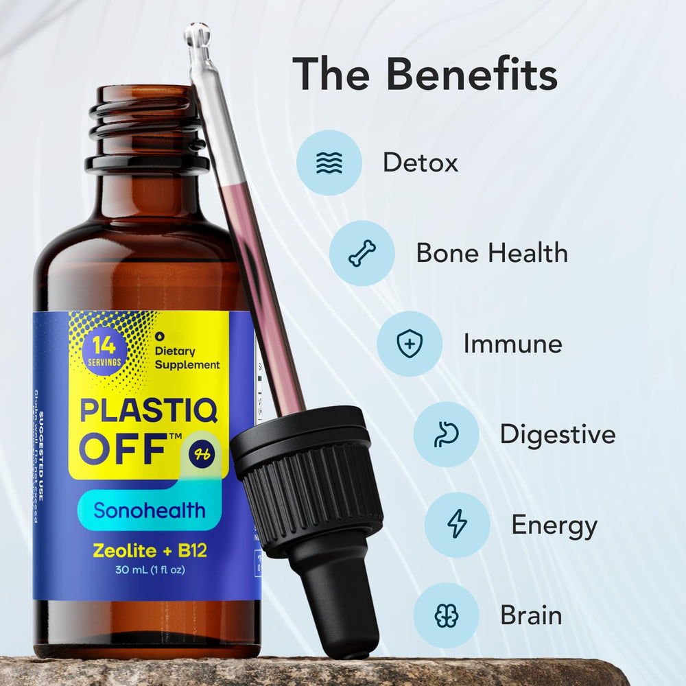 SonoHealth Plastiq Off Zeolite bottle shows USA-sourced ingredients.