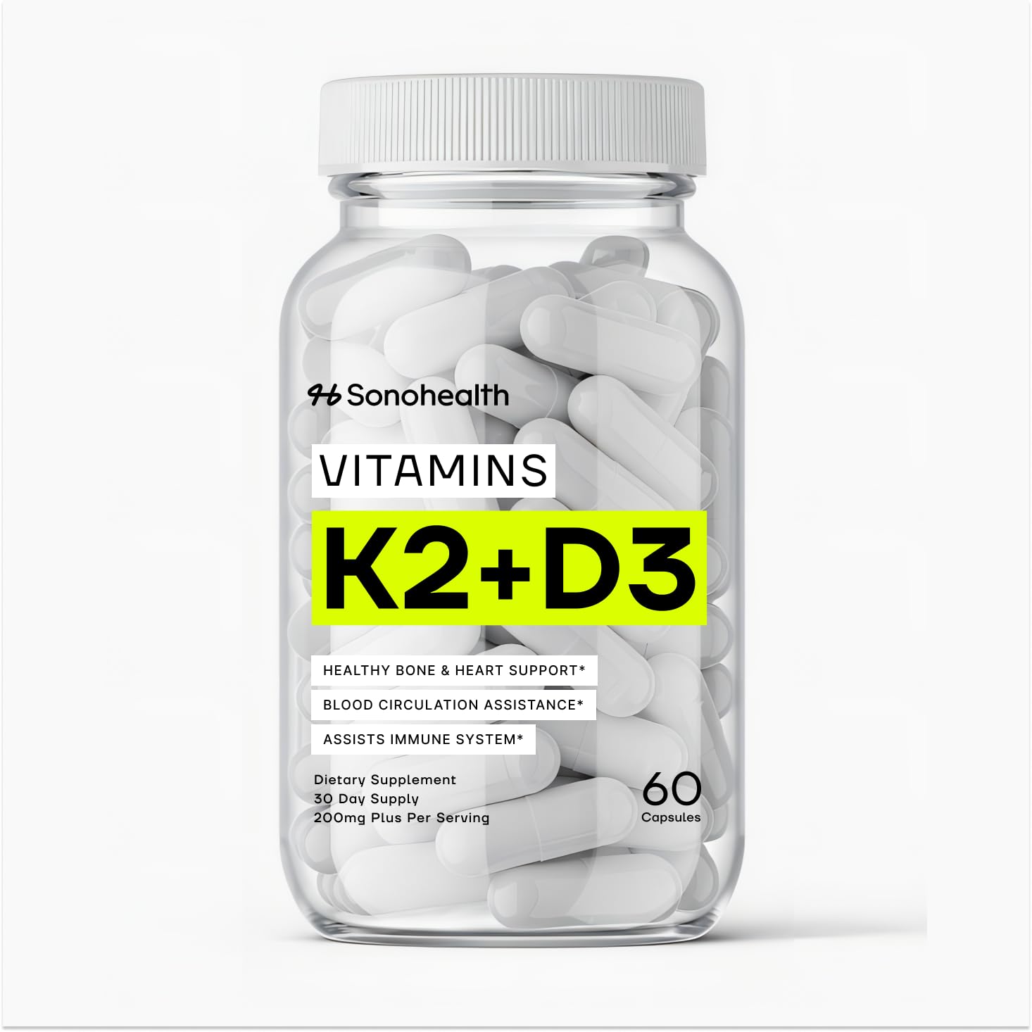 SonoHealth Vitamin D3 + K2 bottle front promoting high-potency bone support