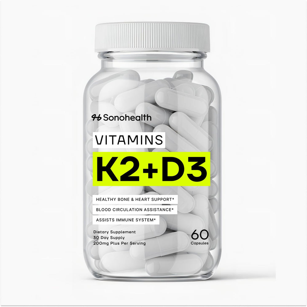 SonoHealth Vitamin D3 + K2 bottle front promoting high-potency bone support