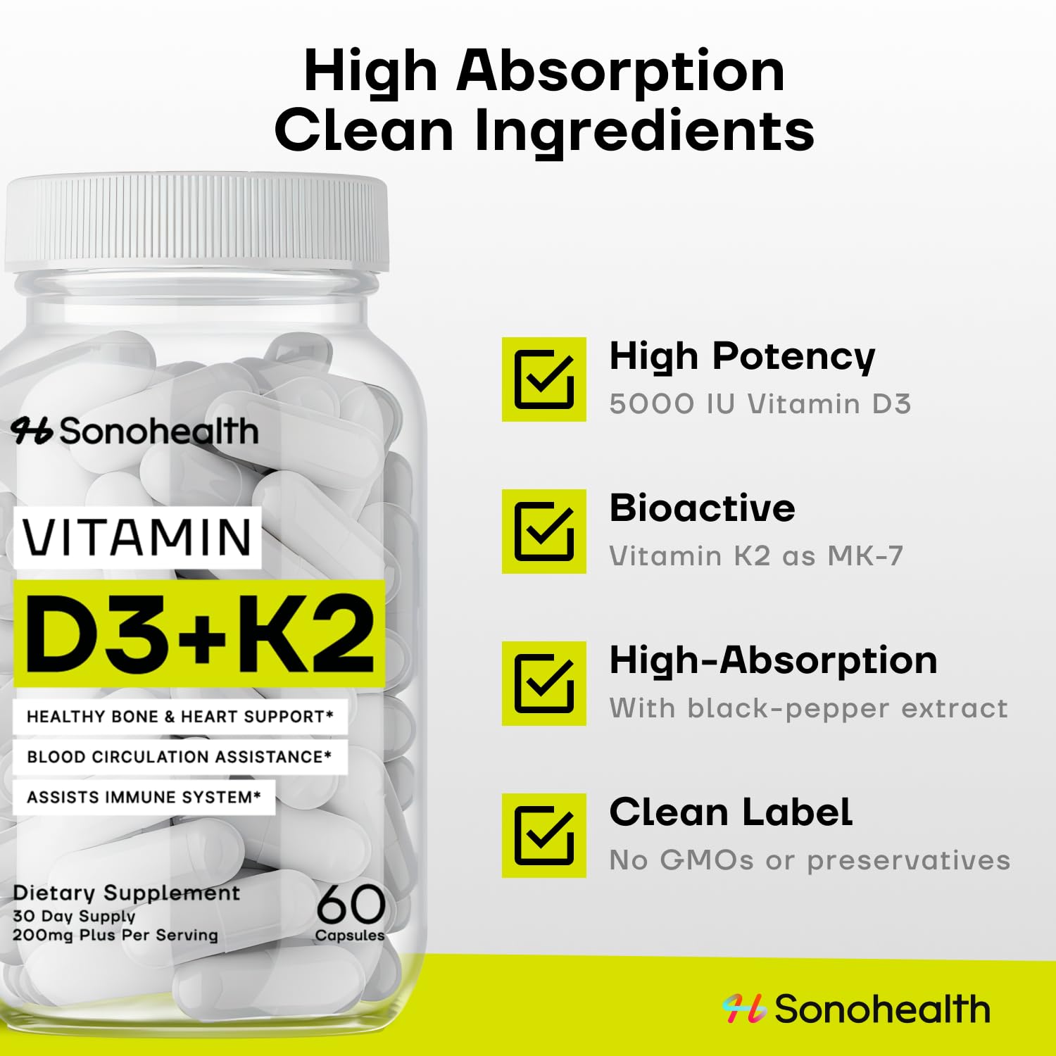 SonoHealth Vitamin D3 + K2 bottle pour showing easy daily dosing