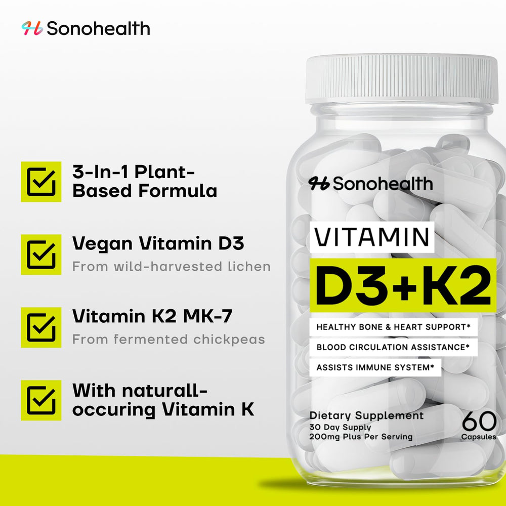 SonoHealth Vitamin D3 + K2 capsules close-up highlighting daily bone support