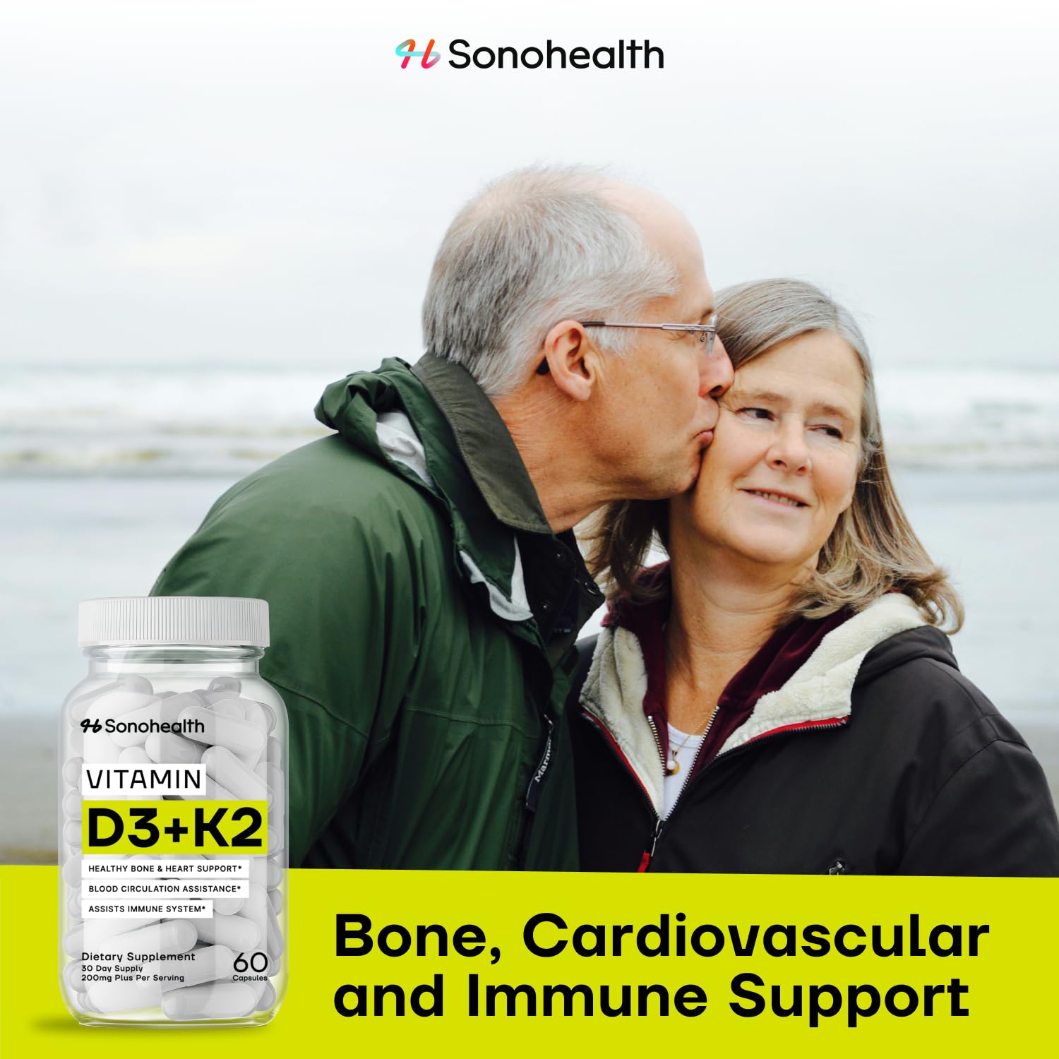 SonoHealth Vitamin D3 + K2 daily-dose information on bottle
