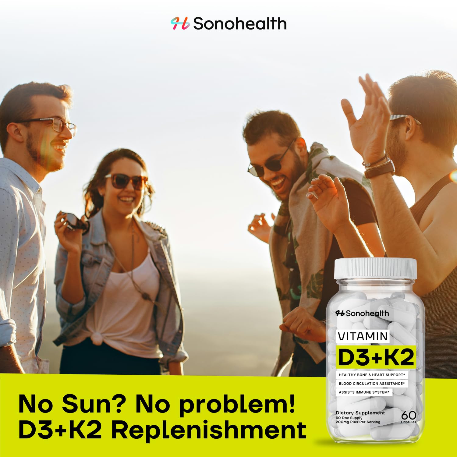 SonoHealth Vitamin D3 + K2 ingredients chart visible on label