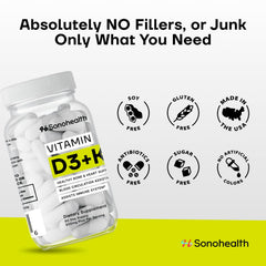 SonoHealth Vitamin D3 + K2 label close-up noting vegan and gluten-free ingredients