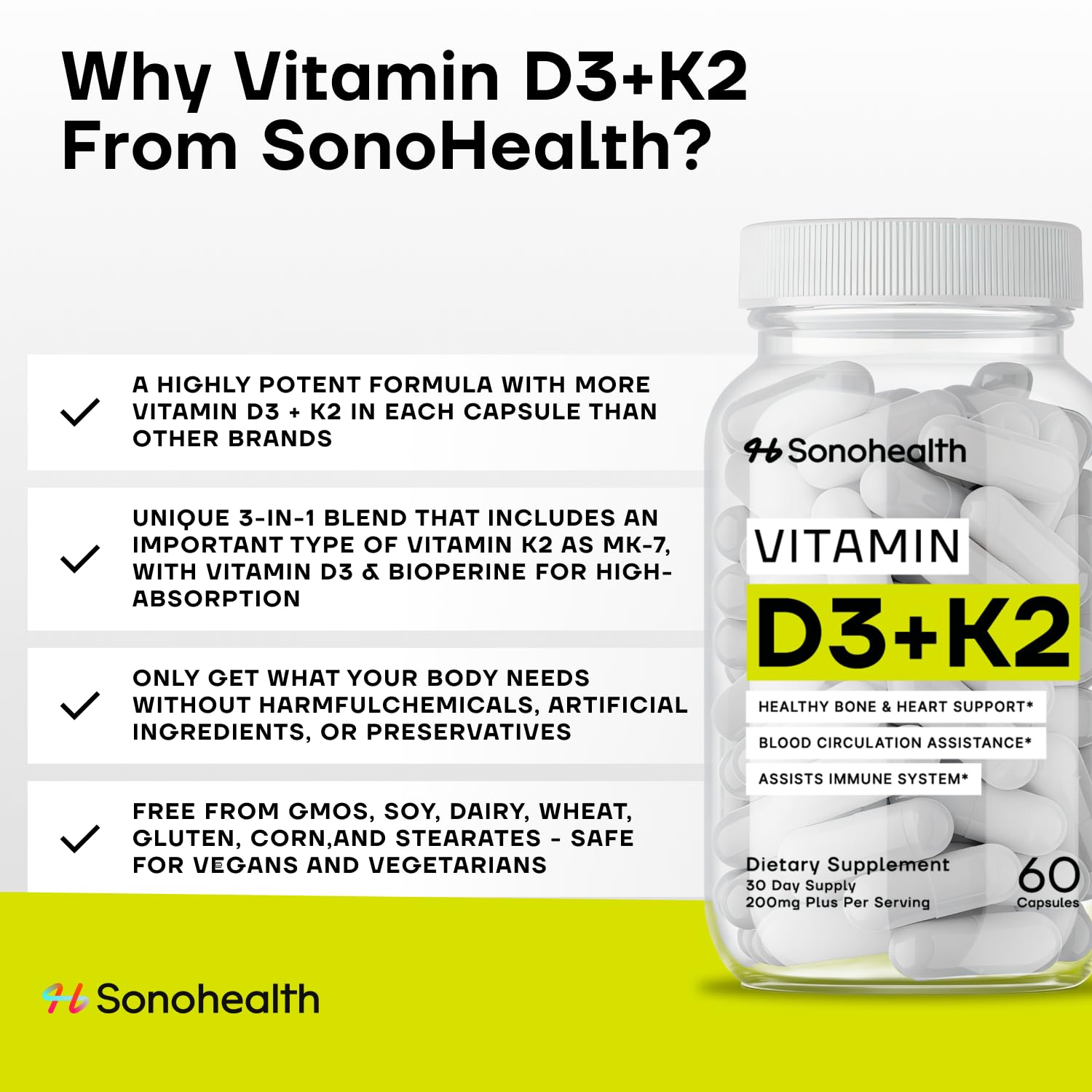 SonoHealth Vitamin D3 + K2 packaging emphasizing USA GMP manufacturing